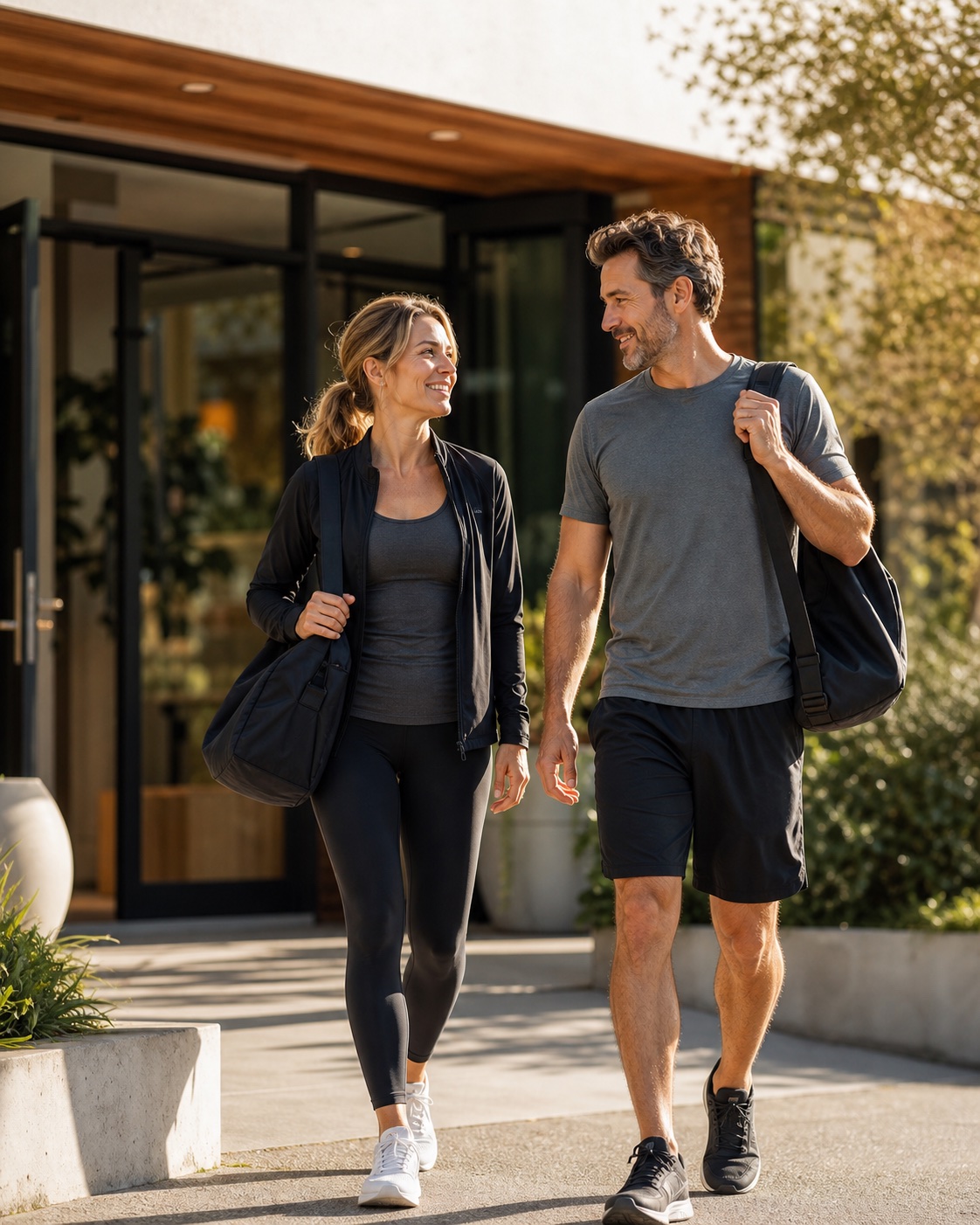 Happy clinic patients walking confidently outside a modern clinic.