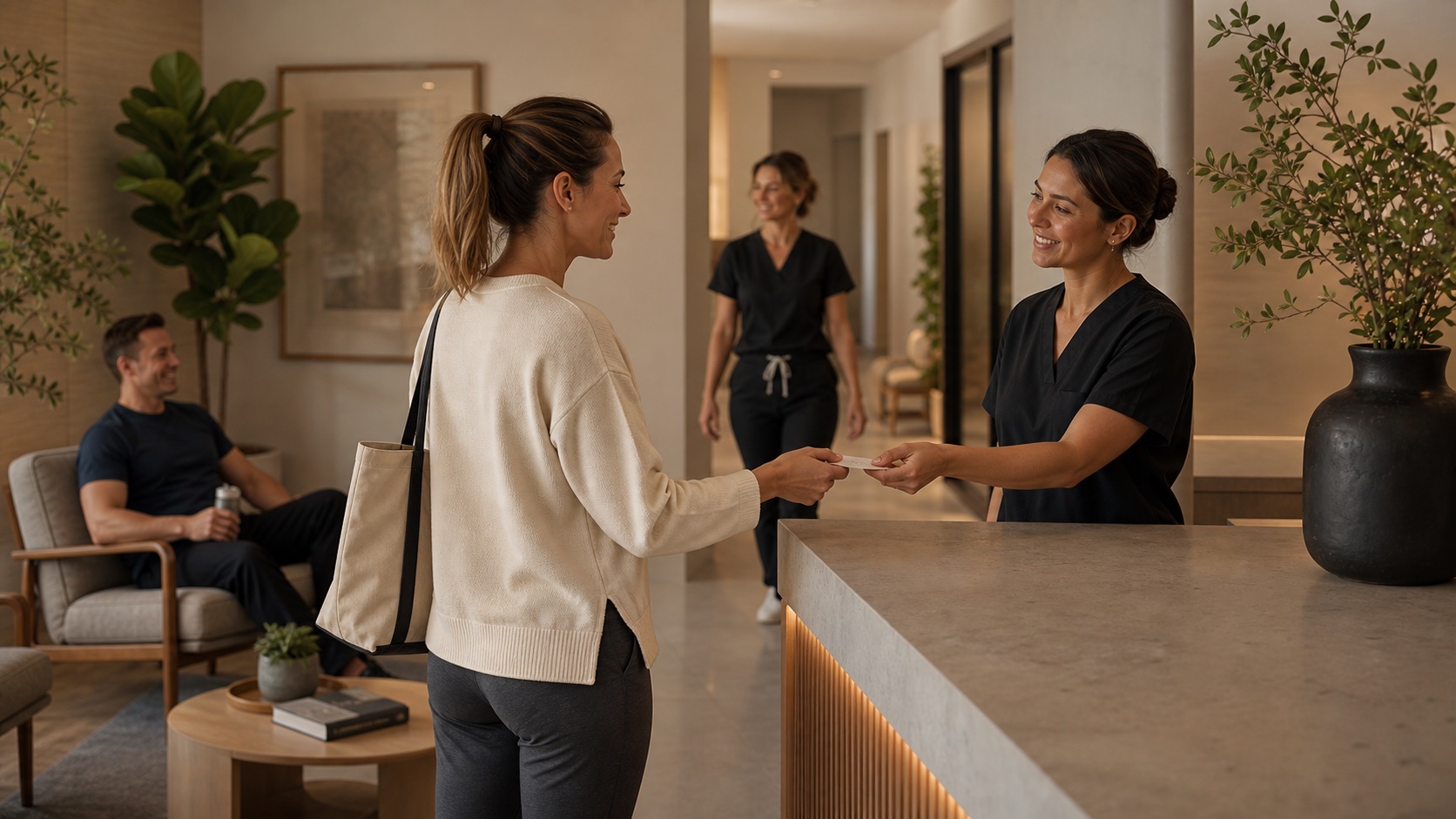Clinic team member warmly handing a card to a patient in a calm reception area.